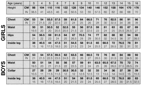 Rainbows Uniform Size Chart