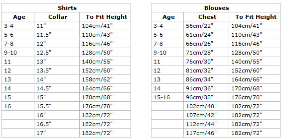 School Blazer Size Chart